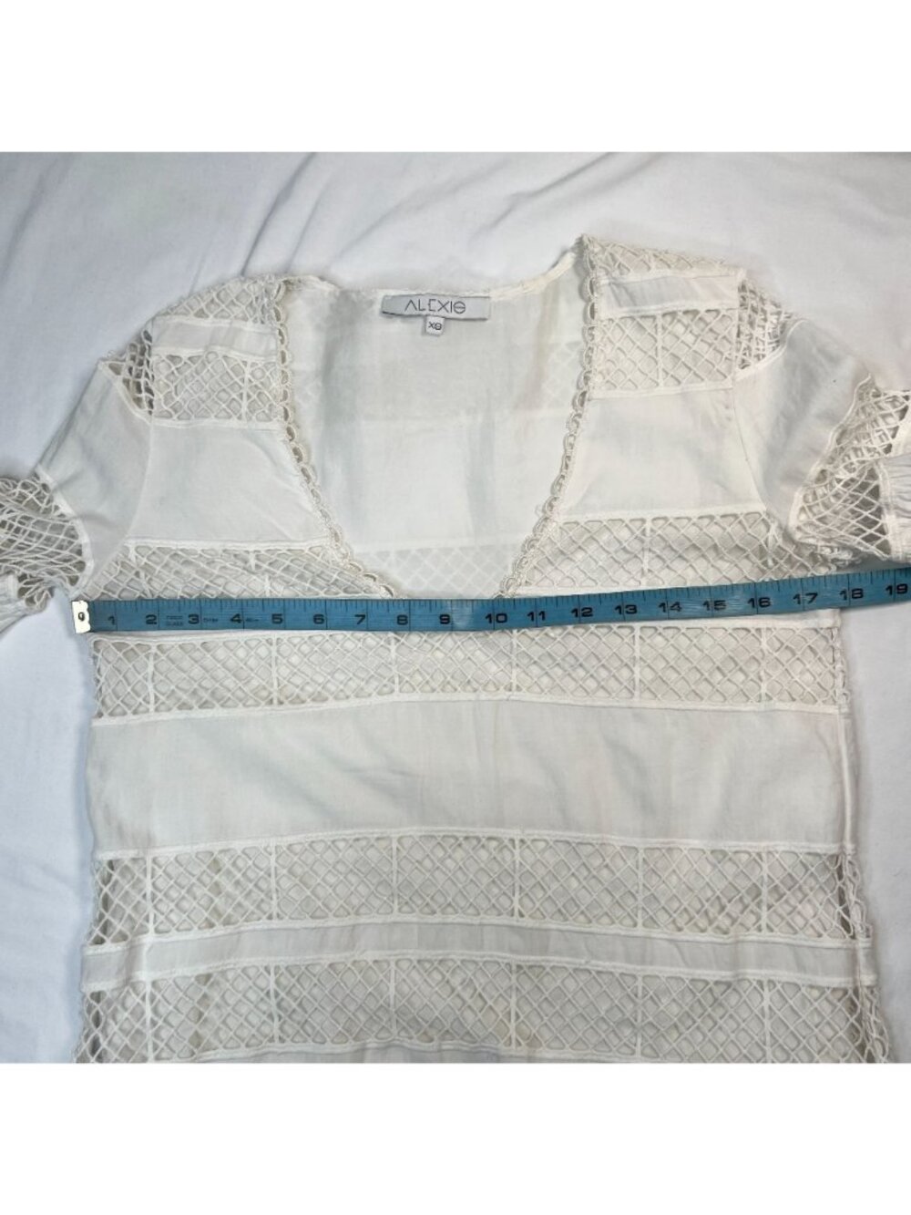 Alexis Lace Mini Dess Boho Bell Sleeve Striped Shift Ivory White  XS - Picture 4 of 11
